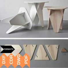 three different tables and stools made out of plywood