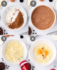 the ingredients to make chocolate cake laid out on a white table with eggs and flour