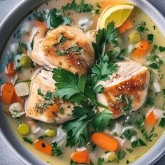 a bowl filled with chicken, carrots and celery garnished with parsley