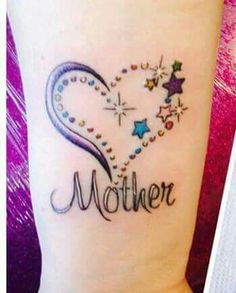 a heart shaped tattoo with the word mother written on it and stars in the shape of a heart