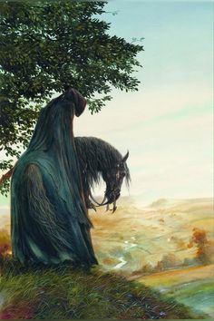 a painting of a woman with long hair and a horned animal in her hand, standing next to a tree