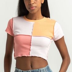 Nwt - Rsq Blocked Exposed Seamtee. Solid Blocked Top. Exposed Seams. Short Sleeves. 50% Cotton 50% Polyester. Size Small Model Is Wearing A Size Small. Model Measurements: Height: 5’7” Bust: 32” Waist: 23” Hips: 32” Fitted Patchwork T-shirt For Spring, Pink Patchwork T-shirt For Summer, Spring White T-shirt With Contrast Color, Multicolor Crew Neck Top With Splicing, Multicolor Spliced Crew Neck Top, Multicolor Spliced Tops For Summer, Trendy Pink Tops With Splicing, Summer Multicolor Spliced Top, Multicolor Spliced T-shirt For Summer