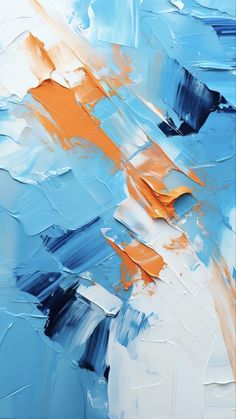 an abstract painting with blue, orange and white colors