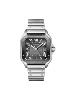 Santos De Cartier Watch with Gray Dial Cartier Black Watch Accessories With Subdials, Cartier Silver Watch With Diamond Hour Markers, Cartier Silver Watch With Subdials, Silver Cartier Watch With Subdials, Cartier Watches With Rectangular Dial And Palladium Hardware, Luxury Automatic Silver Watch, Luxury Silver Automatic Watch, Silver Luxury Automatic Watch, Timeless Silver Cartier Watch Accessories