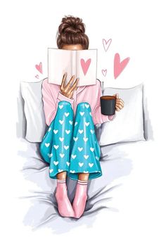 a woman sitting on her bed reading a book and drinking coffee with hearts around her