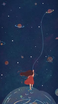 a girl in a red dress is holding a string above the earth with planets and stars