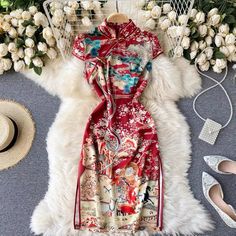 Stand Neck, Printed Bodycon Dress, Chinese Dress, Cheongsam, Chinese Style, Unique Print, Dress Materials, Unique Fashion, Gowns Dresses