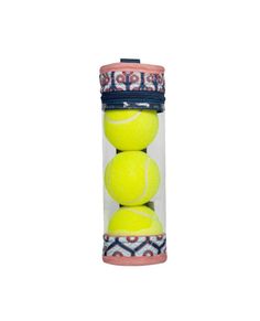 three yellow tennis balls in a clear container on a white background with an ornament pattern