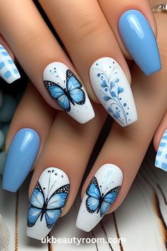 Nails In Blue, Nail Design Ideas Spring, Nail Art Ideas Butterfly, Cut Nail Designs, Blue Cute Nails, White And Blue Nail Designs, Blue Stuff, Fun Spring Nails Design, Blue Nails With Design