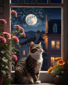 a cat sitting on a window sill looking out at the night sky and flowers