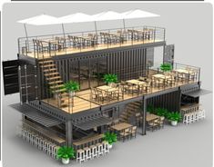 an image of a building with tables and umbrellas on the top floor that is made out of shipping containers