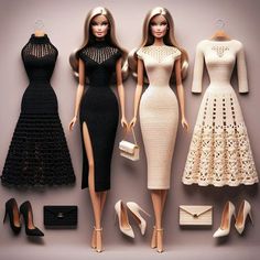 three barbie dolls dressed in black and white outfits, one is wearing a dress with high heels