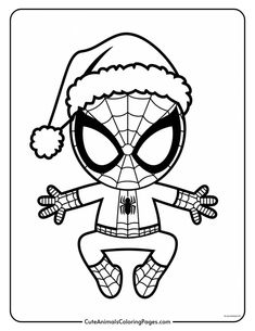 Coloring page featuring a cartoon character dressed as Spider-Man wearing a Santa hat, ideal for holiday-themed arts and crafts activities for children. Spiderman Images Free Printable, Spiderman Coloring Sheet, Disney Christmas Coloring Pages Free Printable, Spiderman Christmas Drawing, Christmas Cards Coloring Free Printable, Spider Man Coloring Pages Free Printable, Spider-man Christmas, Spiderman Coloring Pages Free Printable