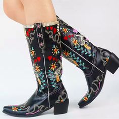 Please Message Me Color Choice Upon Purchase Thanks! Features Intricate Embroidery Details That Add A Unique And Fashionable Flair To The Classic Cowboy Boot Design. - Pointed Toe:The Pointed Toe Shape Enhances Your Silhouette And Adds A Touch Of Elegance To Your Outfit. - Chelsea Design: Designed With Elastic Side Panels For Easy Slip-On Wear And A Snug Fit, Combining Convenience With Style. - Chunky Heel: The Sturdy Chunky Heel Provide Stability And Comfort, Making These Boots Perfect For All- Embroidered Cowgirl Boots, Embroidered Western Boots For Summer, Embroidered Western Summer Boots, Multicolor Embroidered Boots, Black Embroidered Cowboy Boots, Western Boho, Designer Boots, Embroidery Details, Shoes Heels Boots