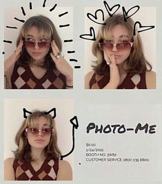 four pictures of a woman wearing sunglasses with the words photo me above her head and below her face