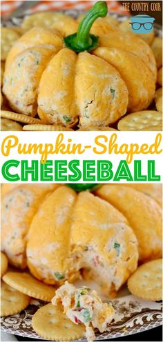 pumpkin shaped cheeseball on a plate with crackers