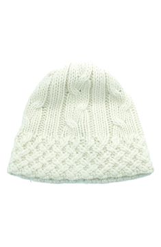 Keep your head toasty in this blended knit beanie that is covered in cozy cables. 60% lambswool, 20% nylon, 20% rabbit hair Dry clean Imported Winter Wool Cable Knit Hat, Cozy Cable Knit Beanie For Winter, Cozy Cable Knit Winter Beanie, Cozy Cable Knit Winter Hat, Cozy Cable Knit Crochet Hat For Winter, Cozy Cream Knit Hats, Wool Cable Knit Hats For Cold Weather, Cable Knit Beanie For Cold Weather, Hand Knitted Cream Beanie For Winter