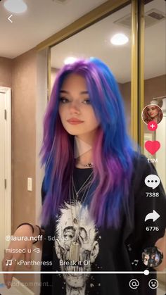 Blue Hair With Pink Money Piece, Hot Hair Dye Ideas, Vibrant Hair Color Ideas Summer, Multiple Color Hair Dye Ideas, Blue And Purple Hair Split, Green And Pink Dyed Hair, Pink And Blue Hair Aesthetic, Hair Dye Ideas Bright, Blue And Purple Dyed Hair