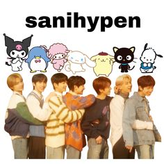 a group of young men standing next to each other in front of an advertisement for sanhypen