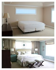 there are two pictures of a bedroom with the same bed and window in each room