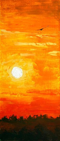 an orange and yellow painting with a bird flying in the sky