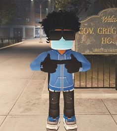 a person with sunglasses and gloves standing in front of a sign