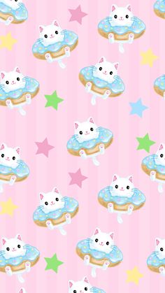 a pink background with cats and donuts on it's sides, all in pastel colors