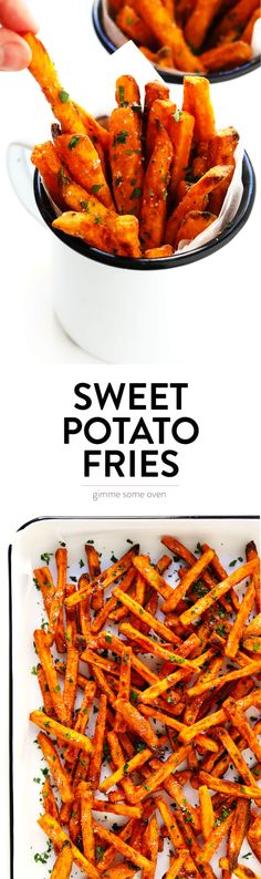 sweet potato fries with parsley on top and in a bowl next to the same image