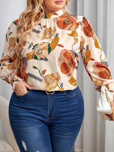 Plus Floral Print Mock Neck Lantern Sleeve Blouse Apricot Boho  Long Sleeve Fabric Floral Top Non-Stretch  Women Plus Clothing, size features are:Bust: ,Length: ,Sleeve Length: Frilly Blouse, Affordable Plus Size Clothing, Lantern Sleeved Blouses, Checked Blouse, Casual Long Sleeve Shirts, Trendy Plus Size Clothing, Plus Size Tank Tops, Plus Size Leggings, Plus Size Sweaters