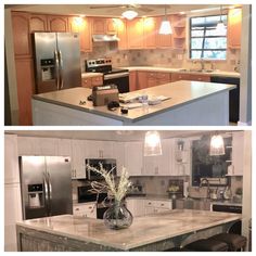 two pictures of the same kitchen with stainless steel appliances and granite counter tops in it