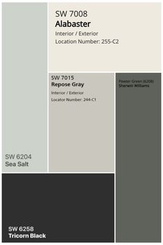 the color scheme for an interior and exterior painting project, showing different shades of gray