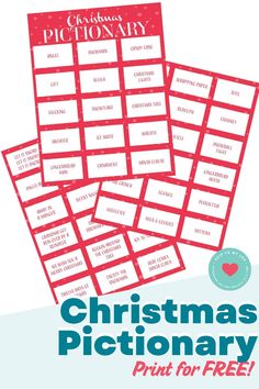 two christmas printables with the words, christmas pictionary printed on them