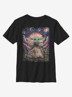 a black t - shirt with an image of the baby yoda on it