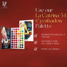 Our La Catrina Eyeshadow Palette of 54 colors is not only hypoallergic. But, it has high-quality pigments, cruelty-free and easier to take off. Mexico Color Eyeshadow, Pigmented Eyeshadow Palette, La Colors Eyeshadow Palette, Gothic Eyeshadow Palette, Profusion Eyeshadow Palette, Skin Types, Skin