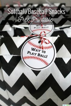 some baseball snacks are wrapped in black and white chevron paper with the words softball snacks free printable