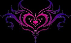 a heart shaped tattoo design on a black background with purple swirls and a cross