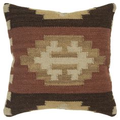 a brown and white pillow with an abstract design on the front, sitting on a white background