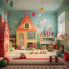 a child's playroom with toys and furniture