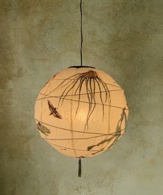 a paper lantern hanging from a wire on a wall