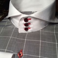 Morcouture Glen Plaid Cutaway Collar Shirt. 3 Button Cutaway Collar, Dark Red Buttons, French Cuffs, Contrast White Collar And Cuffs In A Beautiful 100% Cotton Fabric. Contact Us For Sizes Not Seen. Rjackson@Morcouture.Com Shirt Is Full/Regular Cut. Club Collar Dress Shirt, Husband Outfits, Dress Shirt Collar Styles, Shirt Tie Combo, Dress Shirt Collar, High Collar Shirts, Gentlemen's Guide, Shirt Collar Styles, Collar Shirt Men