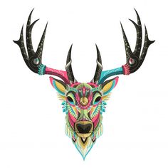 a colorful deer's head with long horns