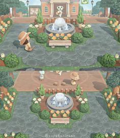 two screens showing the same area in animal crossing, one with a fountain and another with an umbrella