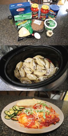 there are two different types of food in the crock pot and on the table