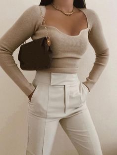 Girls Streetwear, Khaki Style, Knitted Tops, Knitting Women Sweater, White Pants, Color Khaki, Women's Tops, Womens Fashion Casual