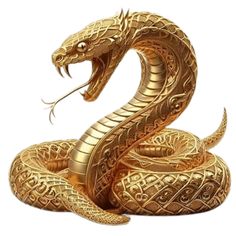 a golden snake with intricate designs on it's body and head, sitting in front of