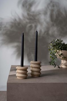 two black candles sitting on top of a table next to a potted green plant