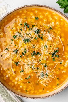 a bowl of soup with parmesan cheese on top and garnished in parsley