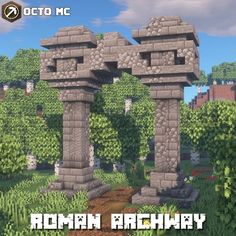 the roman archway in minecraft with trees and bushes around it, as well as text