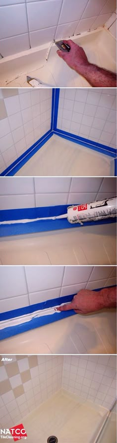 three pictures showing how to paint the ceiling in different stages of being painted with blue tape