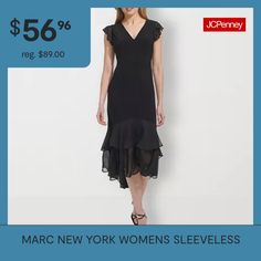 This Marc New York women's black midi dress is a gorgeous floaty fit and flare style that's perfect for a cocktail hour or your next dressy occasion. Made from soft chiffon and jersey, this dress has flutter sleeves, a v-neckline and tiered ruffled semi-sheer skirt layers at the hem. Wear it with your favorite heels and jewelry.Features: TieredClosure Type: Pullover HeadNeckline: V NeckSleeve Length: SleevelessSleeve Style: Flutter SleeveApparel Length: 50 Inches - BackDress Length: High Low Le… Flare Dresses, Sheer Skirt, Marc New York, Fit N Flare Dress, Black Midi Dress, Fit Flare Dress, Fit & Flare, Flutter Sleeve, Flare Dress